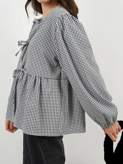 'Adalet' Linen Look Tie Front Smock Blouse - Celes Fashion